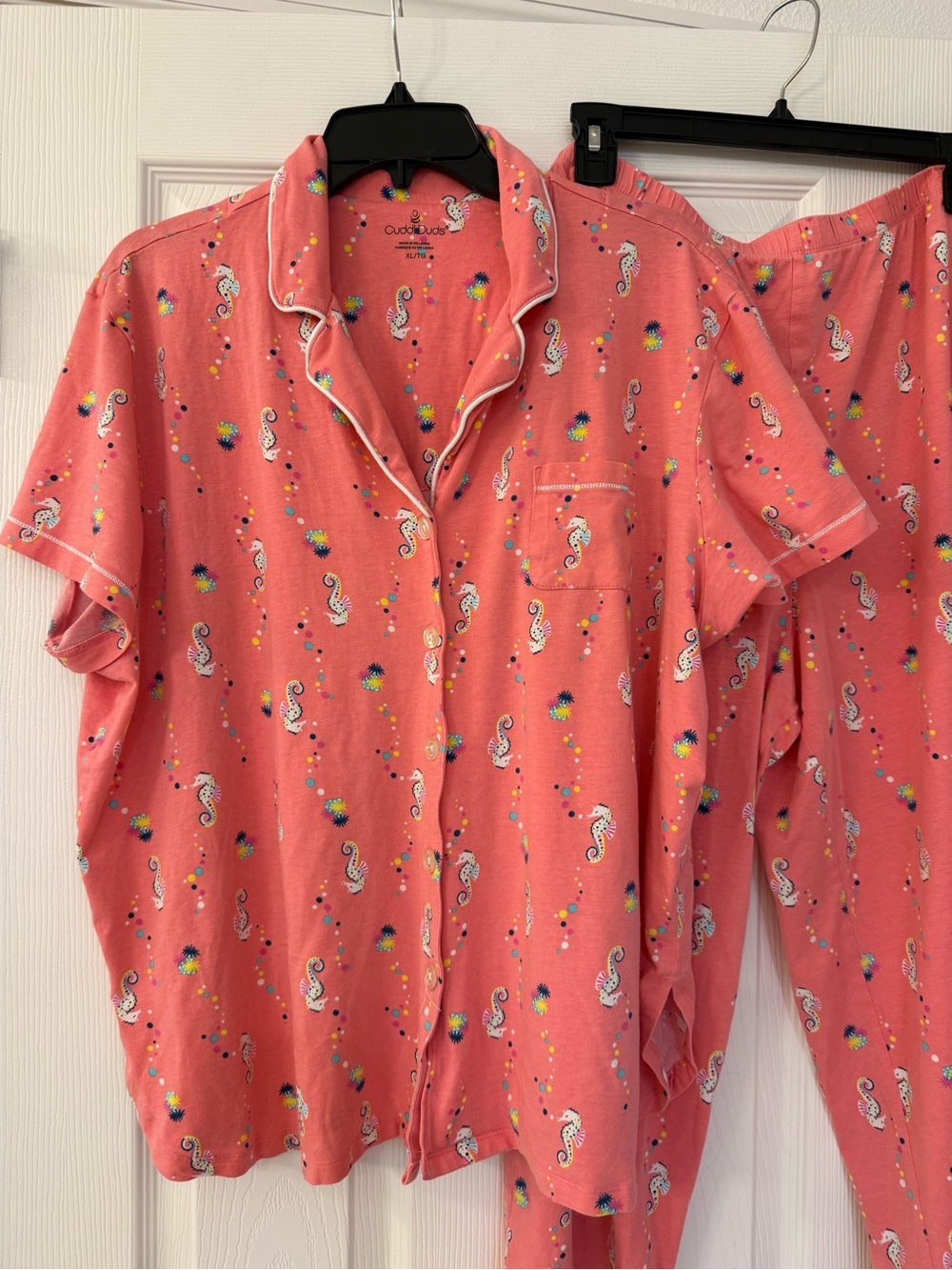 Cuddl Duds Coral Pink Seahorse Button-Down Pajama Set